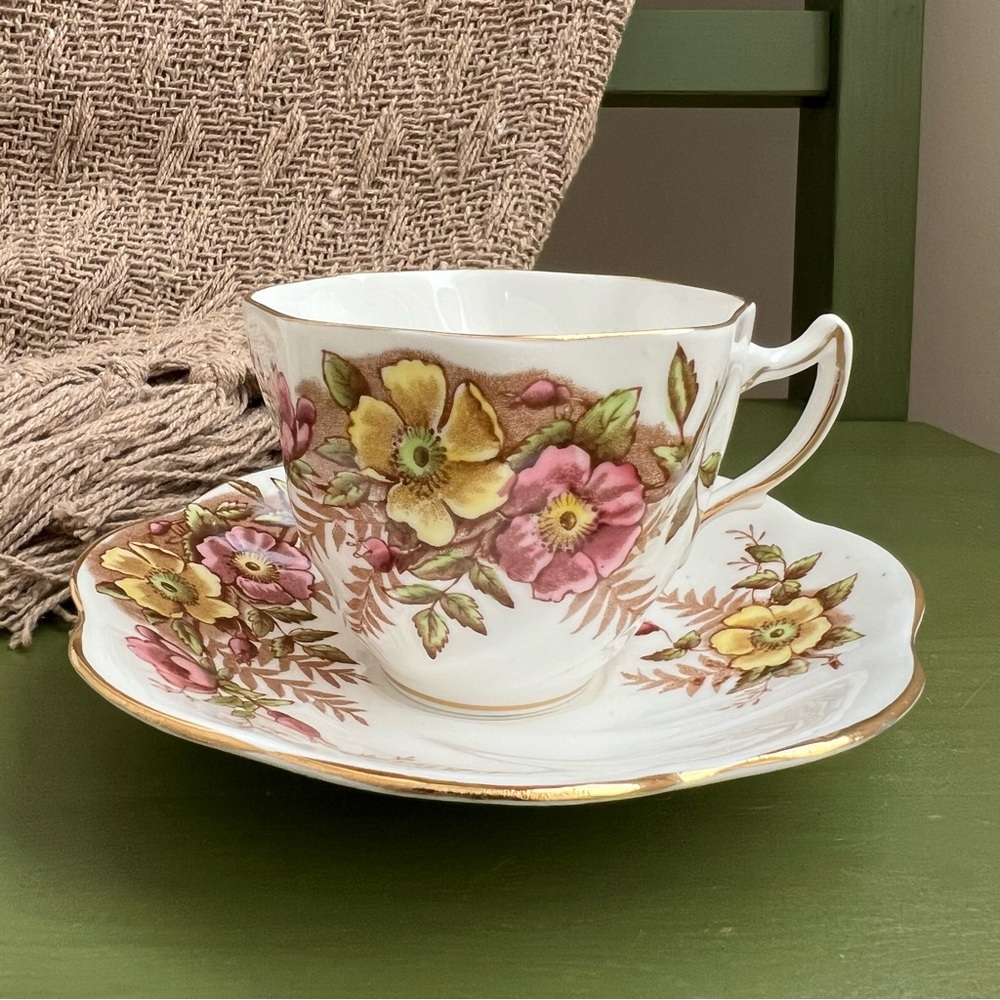 Vintage Rosina Teacup & Saucer – Pink & Yellow Floral, Gold Trim
